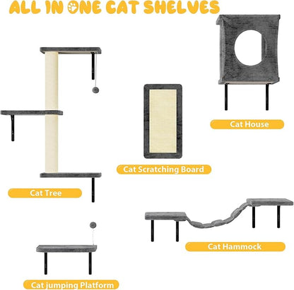 10-in-1 Cat Wall Shelves, Wooden Climbing Wall with Scratching Post, Wall Mounted Cat Furniture for Climbers, Space-Saving Cat Wall for Play & Rest, Drywall & Solid Walls