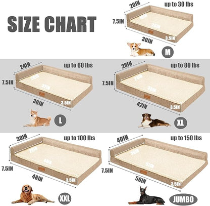 Patas Lague Orthopedic XL Dog Bed Large Sized Dog 48''X30'', Waterproof L Bolster Big Large Pet Sofa Beds with Removable Washable Cover, Soft Comfortable Pet Couch Crate Mat with Nonskid Bottom, Cream
