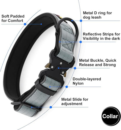 Plutus Pet Tactical Dog Collar, Reflective, Adjustable Heavy Duty Dog Collar, Soft Padded and Comfortable, for Small Medium and Large Dogs (Gray, XS)