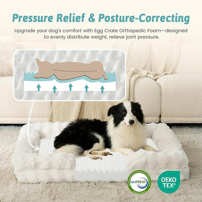 Self Warming Dog Bed for Large Size Dog, Faux Fur Orthopedic Puppy Sofa with Washable Removable Cover, Bolster Orthopedic Egg Crate Foam Bed for Pet Up to 100 lbs, XL 44x32x7 inch, Beige