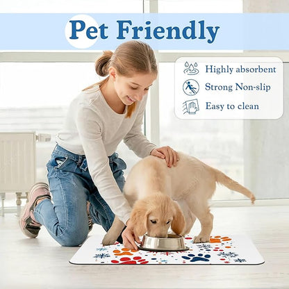 Chirstmas Snowflake Paw Pet Food Mat for Cats and Dogs–Absorbent Quick Dry Feeding Placemat, Non Slip Rubber Base, Waterproof Bowl Mat for Indoor Use, Pet Supplies 16"x24"