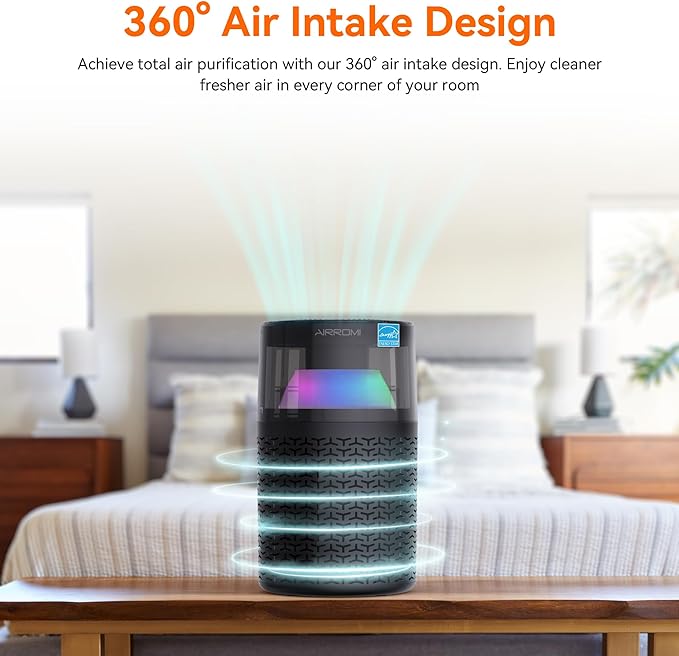 AIRROMI Pet Air Purifier for Home & Bedroom, HEPA Activated Carbon Filter, Removes Pet Dander & Odor, Allergies, Smoke, Hair, Night Light, Fragrance Sponge, Up to 658 ft², A2002 Black