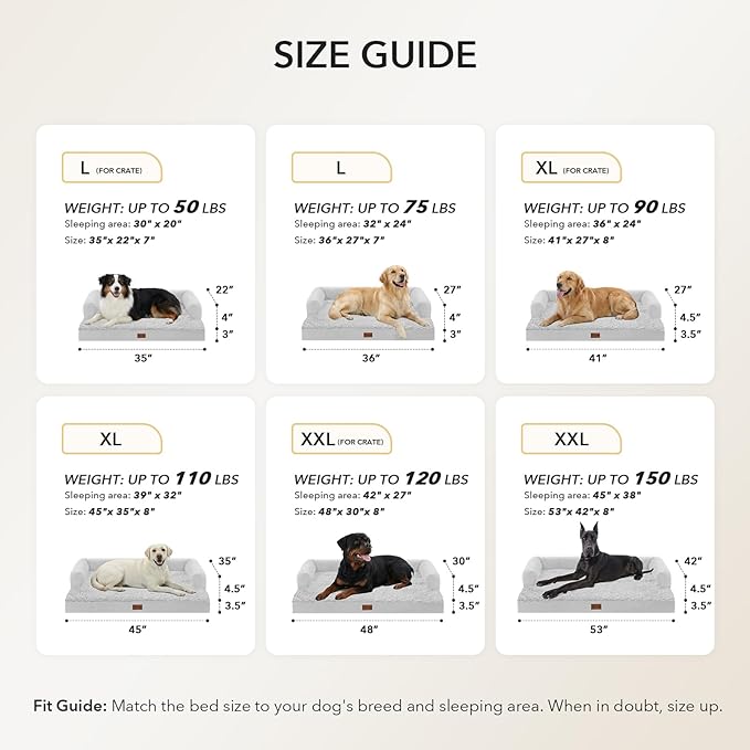 Orthopedic Dog Beds for Extra Large Dogs, Waterproof Egg Crate Foam XL Dog Bed with Sides 48x30Inch, Big Dogs Couch Beds with Removable Washable Cover and Nonskid Bottom, Grey White