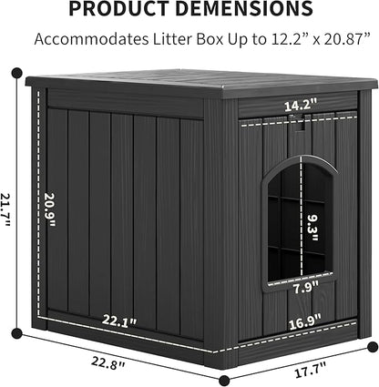 Cat Litter Box Enclosure, Plastic Hidden Litter Box Side Table with Openable Front Door, Waterproof & Weatherproof Cat Box Enclosure Cabinet for Indoor & Outdoor Use (Black)