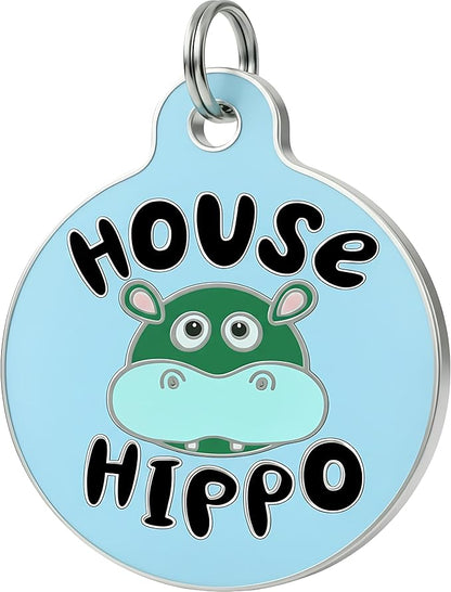 Bad Tags Personalized Dog and Cat ID Tags in 25+ Designs and 2 Sizes - 5 Lines of Custom Engraved Text - Funny Cute Personalized Pet Tags (House Hippo - Blue, Small (1 inch))