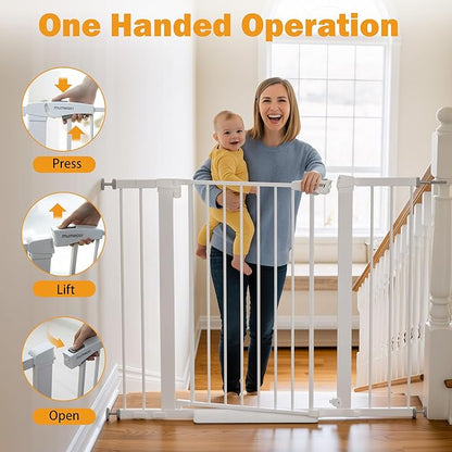 Mumeasy 29.6-46" Baby Gate for Stairs, Pressure Mounted Dog Gate for Doorways, Auto Close Pet Gate for Indoor Use, Extra Wide Child Gate with Walk Thru Door White, Mom's Choice Awards Winner