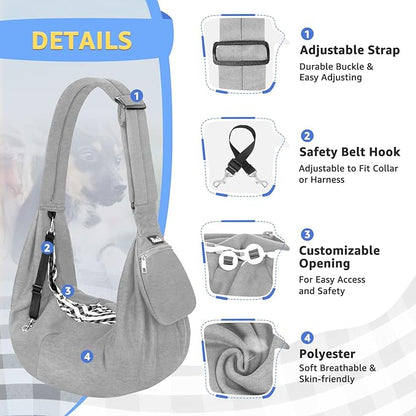 SlowTon Dog Carrier Sling - Thick Padded Shoulder Strap Adjustable Dog Carriers for Small Dogs, Puppy Carrier Purse for Pet Cat with Front Zipper Pocket Safety Belt Machine Washable (Light Gray, M)