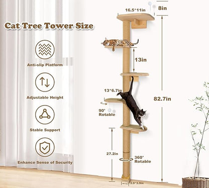Wild Simulation Cat Tree for Kittens, 5-Level Floor to Ceiling Cat Wall Shelves with Sisal Mat Platforms, Rotating Wall-Mounted Climbing Tower for Scratch, Lookout & Perch