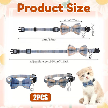 2Pcs Cat Collar Breakaway, Cute Plaid Cats Collar with Bells Soft Adjustable Kitten Accessories, Cat Bowtie Collar with Cat Buckle for Kitten Puppy and Small Pets