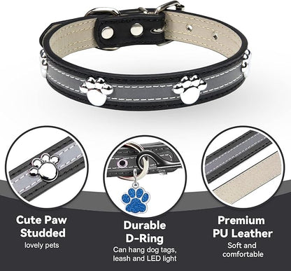 PETCARE Reflective Dog Collar with Cute Paw Rivet Studded Funny Soft PU Leather Adjustable Puppy Dog Collars for Small Medium Large Dogs Cats (Black,Large)