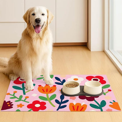 Pet Feedings Mats 20x12 inch Floral Print Pet Bowl Placemat Non Slip Mat for Cat and Dog Food and Water Indoor Pet Feeding Station Colorful Meal Mat for Small Pets Kitchen Floor Use