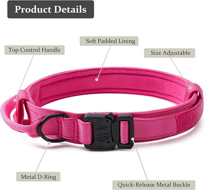 Tactical Dog Collar, Adjustable Military Training Nylon Dog Collar with Control Handle and Heavy Quick-Release Metal Buckle for Small Medium Large Dogs,Pink S