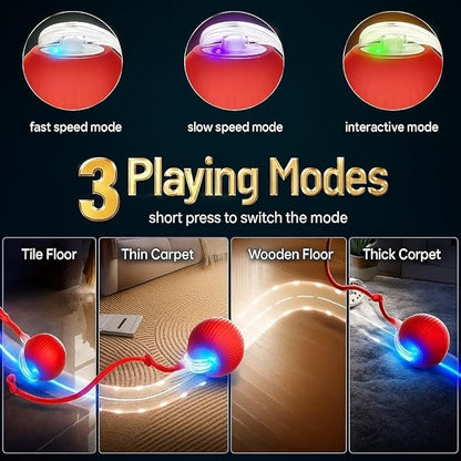 Interactive Electric Automatic Rolling Moving USB Rechargeable Self Activated Play Stimulation Toy Smart Chase Teaser Ball with Speedy Tail Rope for Bored Adult Indoor Cats and Dogs, Red Color
