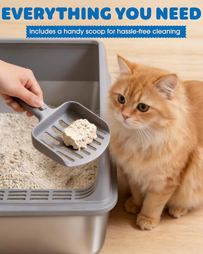 Stainless Steel Cat Litter Box, Metal Litter Box with Scoop, High- Sided, Anti-Leakage Top Entry, Non-Sticky, Easy to Clean, Grey, M (1 Pack)