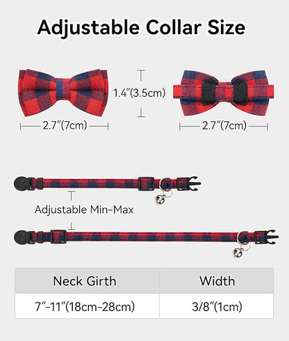 Joytale Upgraded Cat Collar with Bells, Breakaway Cat Collars with Bow Tie, 1 Pack Girl Boy Safety Plaid Kitten Collars, Red