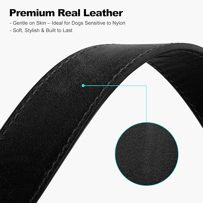 Plutus Pet Genuine Leather Dog Collar – Adjustable Pet Collar with Quick Release Metal Buckle, Soft Real Leather for Small Medium Large Dogs, Heavy Duty & Skin-Friendly (Black, M)