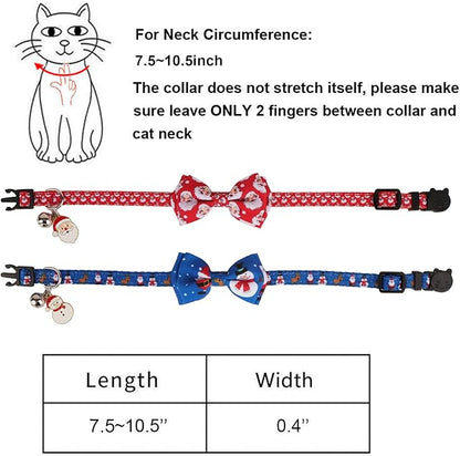 ADOGGYGO Christmas Cat Collar with Bowtie Bell, Removable Kitten Bow, 2 Pack Red Green Santa Snowman Christmas Collars for Cat Kitten