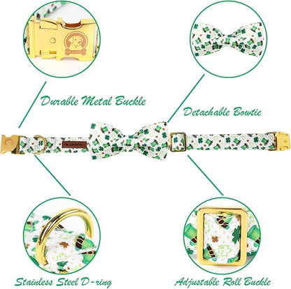 MR. CHUBBYFACE St.Patrick's Clover Dog Collar with Bowtie, Green Clovers Shamrock Pattern Metal Buckle Dog Collar Adjustable Shamrock Collar for Small Medium Large Dogs