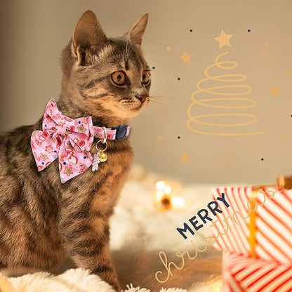 Faygarsle 2 Pack Christmas Cat Collar with Bow Tie - Breakaway Pink & Green Winter Collar for Boy & Girl Cats