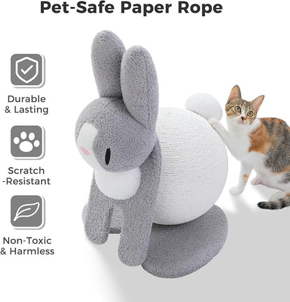 Cute Cat Scratcher- Bunny Style, Cat Scratching Post with Paper Rope, Extra Large Cat Scratch Ball (Ø11.8) for Indoor Kitten, Rabbit Scratch Ball for Kitty to Climb & Play, Gray
