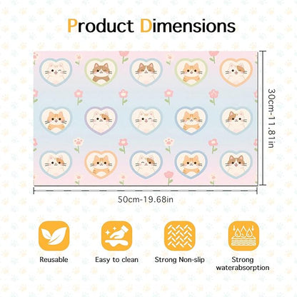 Cat Feedings Mats 20x12 inch Pastel Heart Kitten Print Pet Bowl Placemat Non Slip Mat for Dog Food and Water Indoor Kitty Feeding Station Cute Cats Meal Mat for Small Pets Kitchen Floor Use