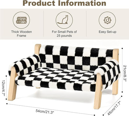 Elevated Cat Couch Bed for Indoor Cats - Wooden Pet Sofa with Removable Washable Thick Cover Raised Kitty Lounge Chair Suitable for Puppy or Small Animals(Cat Sofa Chessboard)