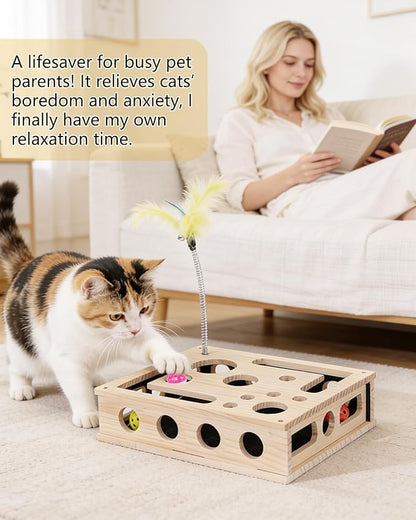 Cat Interactive Box Puzzle Toy - Cats Indoor Hunting Play Toy with 3 Jingle Balls & 1 Feather Wand, Wooden Cat Puzzle Treat Toy Box Energize Cat Instincts for Bored Cats,Eco Friendly