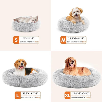 Sweetcrispy Donut Dog Bed, Large Round Calming Cat Bed with Washable Waterproof Cushion, Anti-Anxiety & Anti-Slip Fluffy Cuddle Cozy Faux Fur Plush for Pet Puppy Indoor Sleeping (30.7"x30.7", Gery)