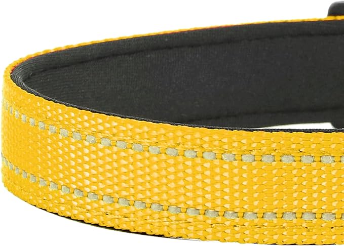 Reflective Dog Collar, Adjustable Soft Neoprene Padded Nylon Pet Collars with Buckle for Medium Dogs, Yellow,M
