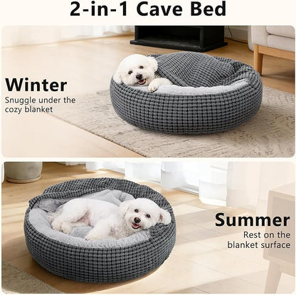 SIWA MARY Small Dog Bed with Attached Blanket, Cozy Donut Cuddler Anti-Anxiety Hooded Pet Beds Calming Cave Bed. Orthopedic Round Puppy Beds for Dogs or Cats Washable, Anti-Slip Bottom, 23inch