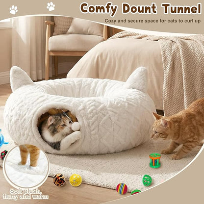 OurWarm Cat Tunnel Bed for Indoor Cats, Soft Plush Cat Donut Tunnel with 11 Pcs Interactive Toys & Washable Mat, Round Peekaboo Pet Cave Play Tunnel Under Christmas Tree for Kitten Rabbit