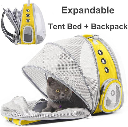 Expandable Cat Backpack Carrier, Fit up to 12 lbs, Space Capsule Astronaut Bubble Window Pet Backpack for Kitten, Bunny, Rabbit and Small Puppy Yellow