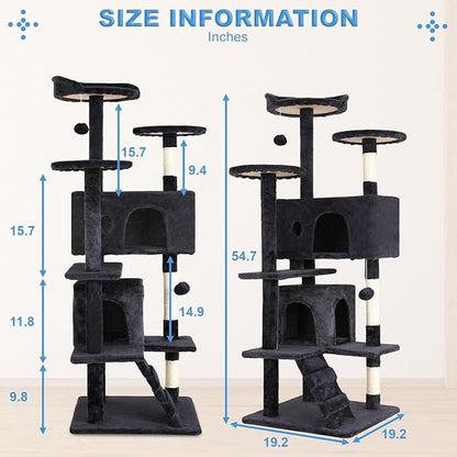 FDW | 54" Cat Tree Tower | Dark Gray | Multi-Level Indoor Activity Center with Sisal Scratching Posts, Condos, Plush Perches, Hanging Cat Toys | Sturdy, Easy to Assemble | for Kittens & Adult Cats