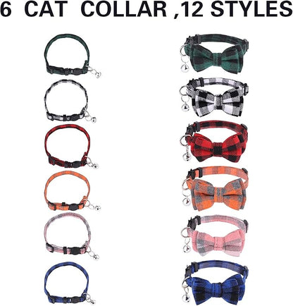 DragonflyDreams 6 PCS Cat Collars with Bow Tie and Bell,Cat Collars Plaid,Breakaway Adjustable Cat Bow Tie Collars,Cute Bow Tie Suitable for Kittens Or Certain Puppies