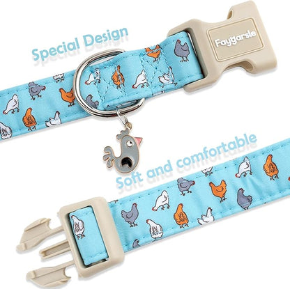 Faygarsle Funny Chicken Pattern Dog Collar, Cotton Fabric, Light Blue with Farm Animal Print for Small Medium Large Dogs M
