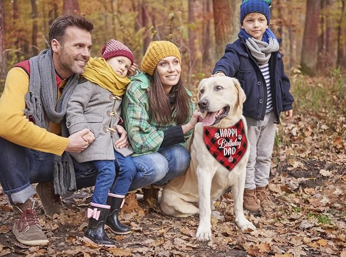Dog Bandana for Happy Birthday Dad - Classical Plaid Printing Pet Scarf Accessories - Gift for Dad's Birthday Party (K25)