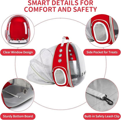 Cat Backpack Carrier, Back Expandable Pet Backpack with Bubble Window, Airline Approved Pet Travel Bag for Small/Medium Cats & Puppies, Hiking, Camping, Outdoor Use (Red)