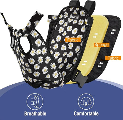 Pawaboo Pet Carrier Backpack, Adjustable Pet Front Cat Dog Carrier Backpack Travel Bag, Legs Out, Easy-Fit for Traveling Hiking Camping for Small Medium Dogs Cats Puppies, Extra Large, Black Daisy