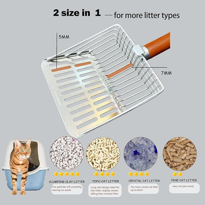 Designed for Deep Litter Boxes, Long Handle Metal Cat Litter Scoop with Holder, Keeps Hands Clean and Away from Odor, Stainless Steel