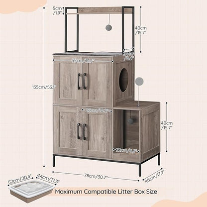HOOBRO Cat Litter Box Enclosure Furniture, 2 in 1 Hidden Litter Box Furniture with Shelf, Double Litter Box Cabinet with 2 Dangling Plush Balls and 1 Toy Ball, Greige and Black BG78MW01