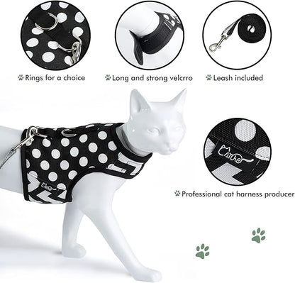 Cat Harness and Leash for Walking Escape Proof, Adjustable Cat Vest Harness, Padded Stylish Cat Walking Jackets, Polka Dot Black, Medium
