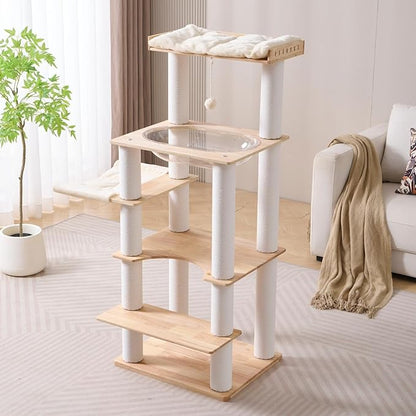 SHENGOCASE Modern Natural Wooden Wood Cat Tree Tower Condo, Extra Large Top Platform Perch, 57" Tall, Big Clear Capsule Bowl Bed, for Maine Coon Indoor Cats