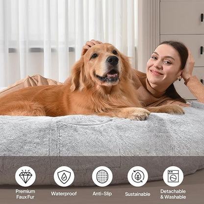 Giant Human Sized Dog Bed for Adults and Pets, 74"x50"x12" Pressure Relieving Memory Foam for Ultimate Comfort, Waterproof & Machine Washable Cover, Family Bedroom Lounger, Grey White
