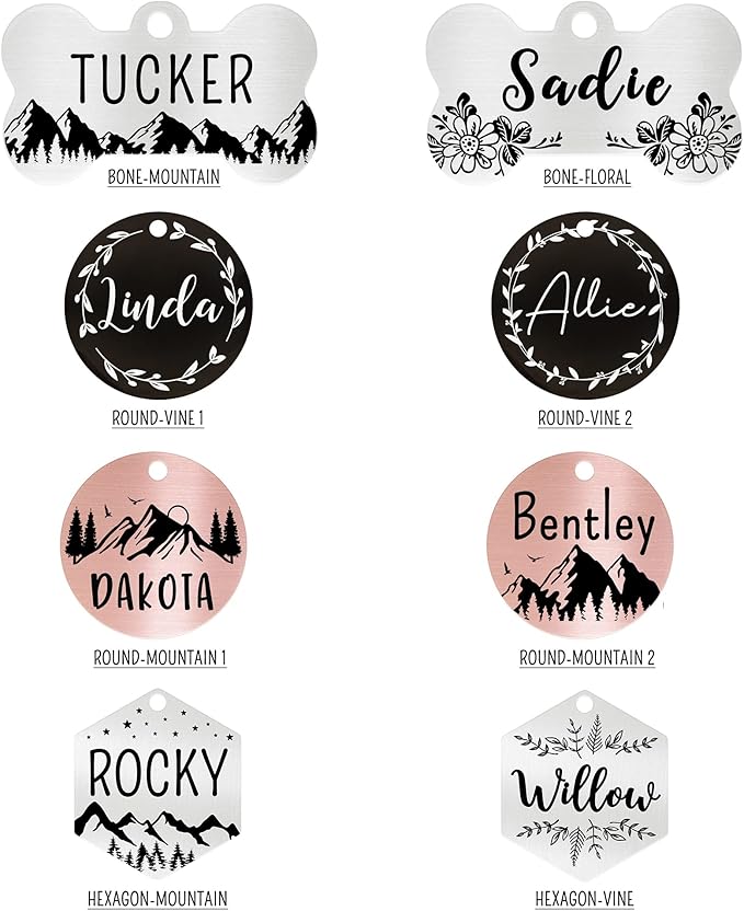 Ultra Joys Stainless Steel Personalized Dog Tags with Engraving Front and Back Customized Bone Tag with Floral Design, Rose Small