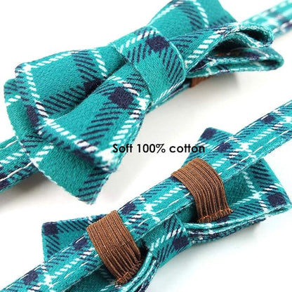 Cat Collar Breakaway with Bell and Bow Tie, Plaid Design Adjustable Safety Kitty Kitten Collars(6.8-10.8in) (Cyan-Blue)