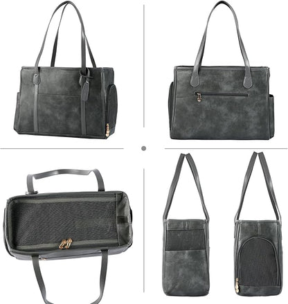 Stylish Dog Purse Carrier, Leather Pet Carrier Bag for Small Dogs Cats Puppy, Airline Approved Soft-Sided Carrier Grey