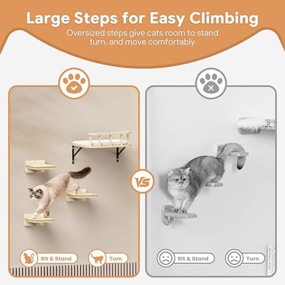 17" × 13" Large Cat Wall Shelves- Wall Climber Wooden Furniture Cat Shelf with Cushion and 3 Wide Perch Steps for Large Cats and Kittens Sleeping, Playing, Climbing