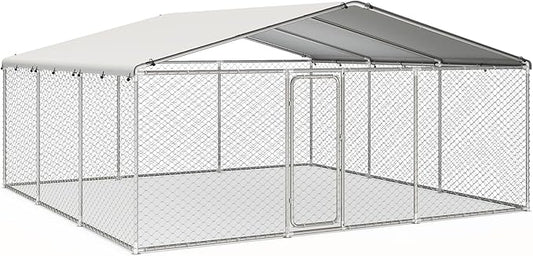 15'x15' Large Outdoor Dog Kennel, Heavy Duty Dog Enclosure with Roof, Weather Resistant Cover and Security Lock(183"x183")