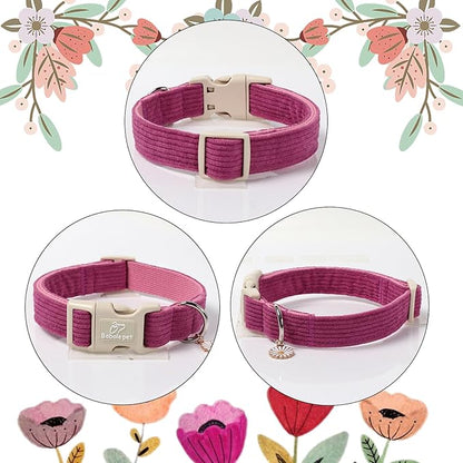 Cute Corduroy Dog Collar - Fuchsia Adjustable Dog Collars for Medium Dogs 25-50lbs, Fade-Proof with Secure Snap & Little Charm, Christmas Birthday Gift, M