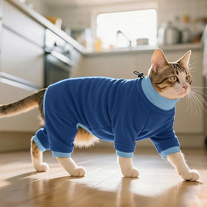 PUMYPOREITY Cat Hair Sticky Sweater, Recovery Suit - Breathable & Lightweight for Post-Surgery Protection, Cat Onsie Prevents Licking Wounds, Blue, 2XL